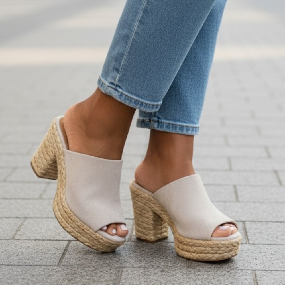 Lulus Ervyn Light Nude Suede Raffia Platform Slide Sandals-Size 11 (NEW IN BOX)